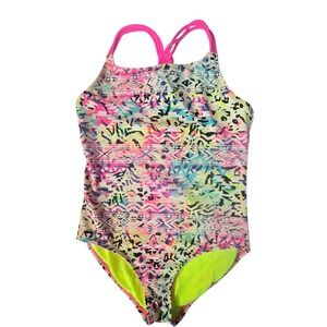 Mambo Swimsuit Girls 14 Multicolor Neon Aztec Strappy One Piece Surf Boho Y2K